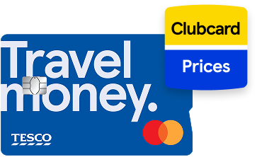 Tesco Travel Money card with the Clubcard Prices logo overlaid