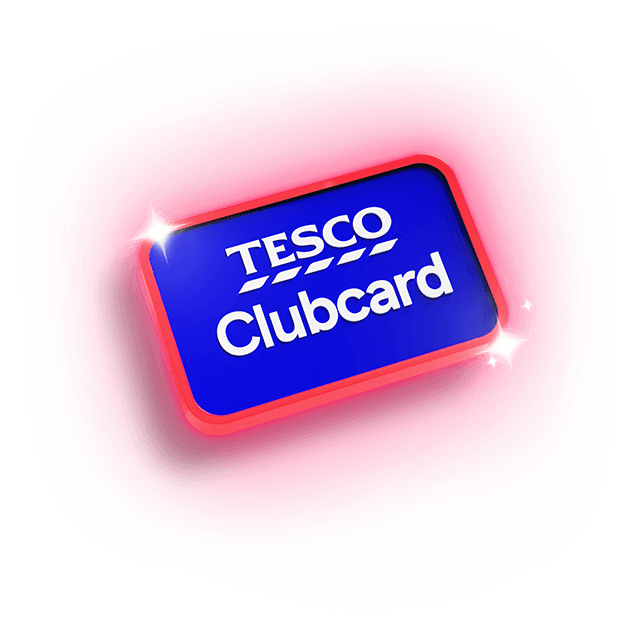Tesco Clubcard card with a glowing border and sparkle effects.